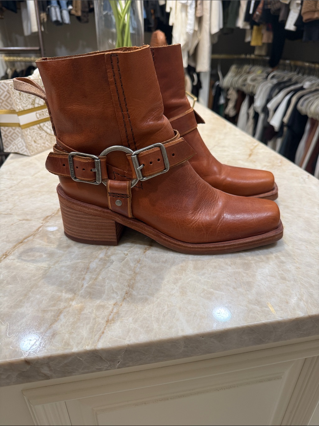 Free People Cognac Leather Buckle Ankle Boots
